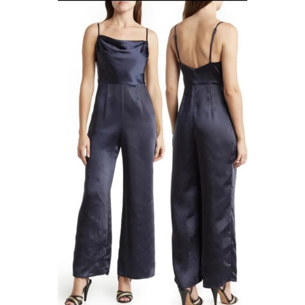Lush Navy Satin Cowl Neck Wide-Leg Jumpsuit